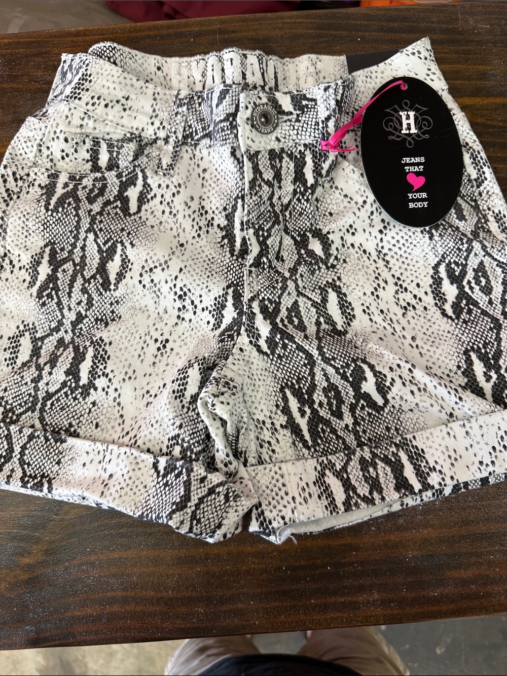 Hydraulic White and Black Snake Print Jean Shorts